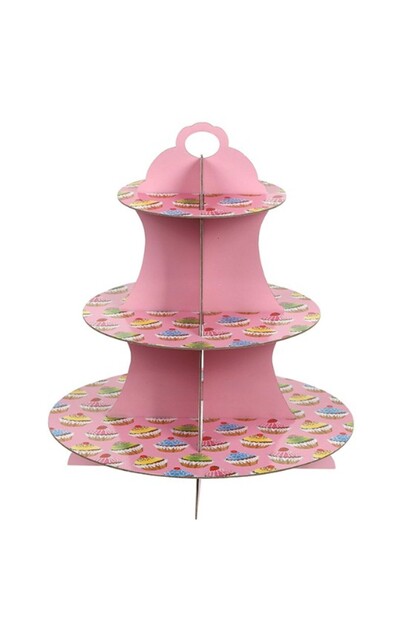 Suport Etajat pentru Prajituri, Flippy, cu Tematica Petrecere, 3 Nivele, 38x34x1 cm, Roz