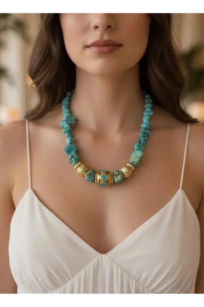 Turquoise Turquoise Natural Stone Antique Gold Embroidered Handmade Women's Necklace Evil Eye and Luck and Peace Necklace