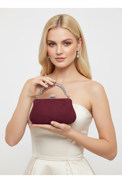 Burgundy Silver Luxury Suede Metal Handle Crystal Stone Embroidered Women Evening Bag Wedding Engagement Graduation