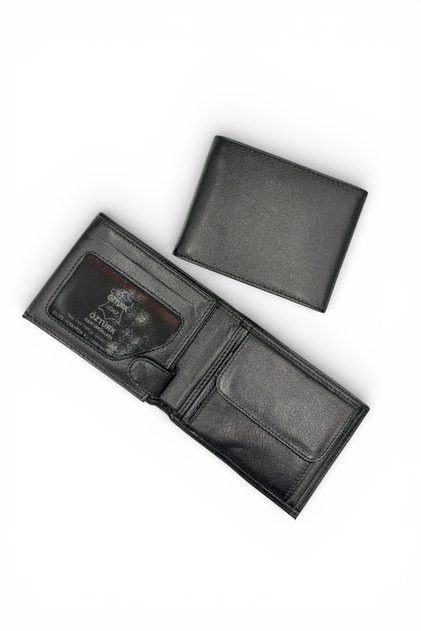 Pravi kožni crni muški novčanik | 12x9 cm | Sa zatvaračem na kopču i pretincem za kovanice