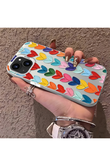 iPhone 13/14 Uyumlu Silikon Kenar Sert Arka Anti Düşme Kılıfı Renkli Kalp