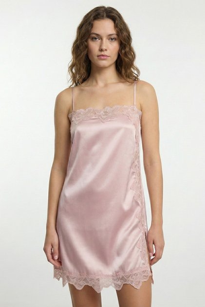 Dusty Rose Satin Woven Lace Slit Nightgown