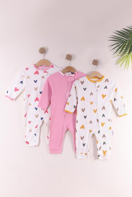 Pink baby girl 100% cotton zippered 3-piece heart patterned cuffed romper set (9 months, 12 months, 18 months)