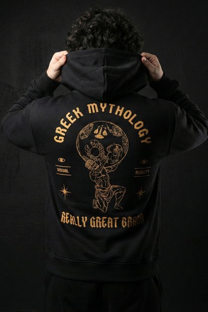Greek God Black Oversized Hoodie Greek Mythology Atlas Printed Sweatshirt