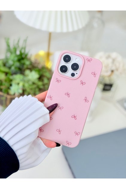 Iphone 16 Promax Uyumlu Baskı Pembe Fiyonk Tasarımlı Esnek Silikon Kılıf