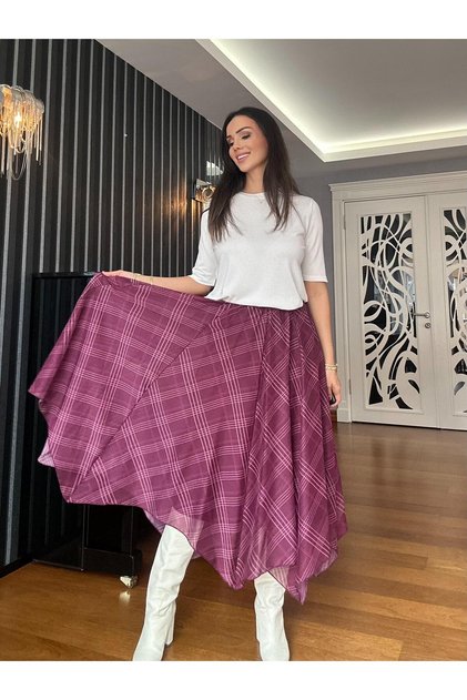 Bordo Eteği Asimetrik Beli Lastikli Şifon Etek