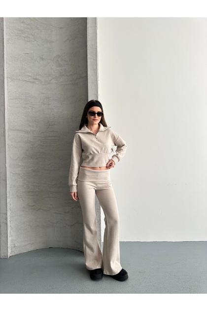 Women's Thessaloniki Fabric Mock Neck Piece Half Zipper Crop Set