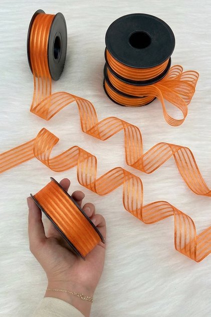 Orange Hilton Striped Chiffon Ribbon 2.5cm 20 Meters, Bride, Bundle, Engagement, Dowry, Gift, Wedding, Decoration