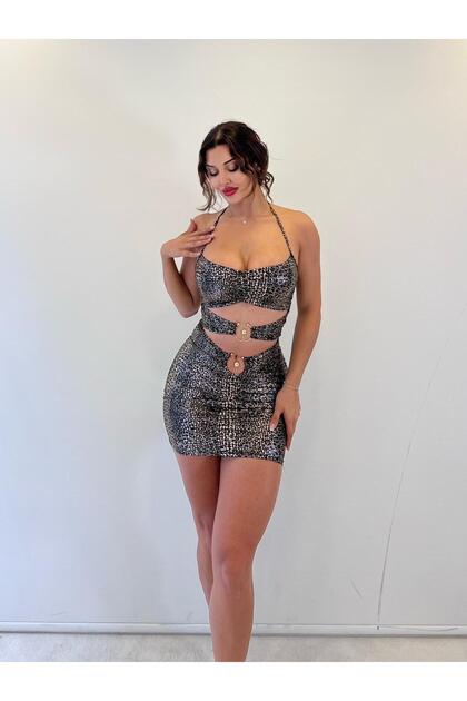 Leopar Lame Askılı Toka Detaylı Mini Etekli Takım