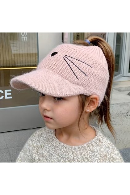 (5-8 Years Old) Open Top Cat-Lined Baseball Style Knitted Winter Hat for Girls with Long Hair