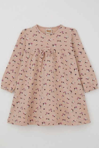 Girl's Long Sleeve Dress with Floral Pattern and Bow Accessories, Ages 2-5, Powder