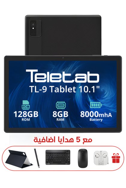 جهاز لوحي TL-9 بشاشة 10.1 بوصة، ذاكرة وصول عشوائي 8 جيجابايت، سعة تخزين 128 جيجابايت، واي فاي، لون أسود، غطاء أسود، لوحة مفاتيح، ماوس، وملحقات أخرى