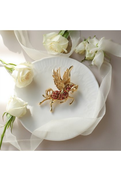 Pegasus Uçan At Taşlı Gold Broş