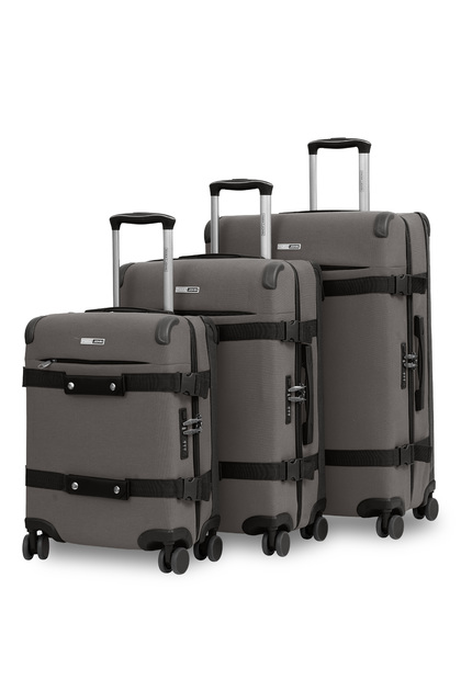 Retro grey 3-piece luggage set with 20/24/28 inch cases, hard shell and smooth 360° spinner wheels.