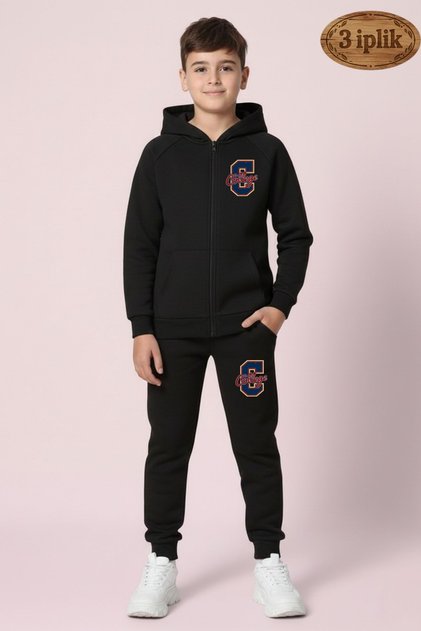 Boy's College Printed Hooded 3 Thread Ş Fleece-Lined Zippered Tracksuit Set