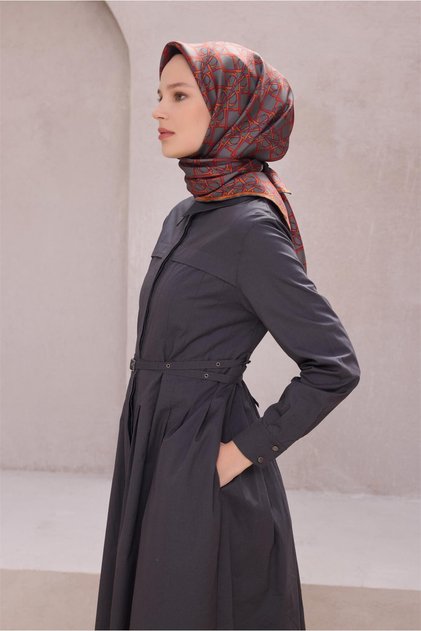 GEOMETİK DESEN İPEK EŞARP 4214D (TWILL) GRİ MOR - 04