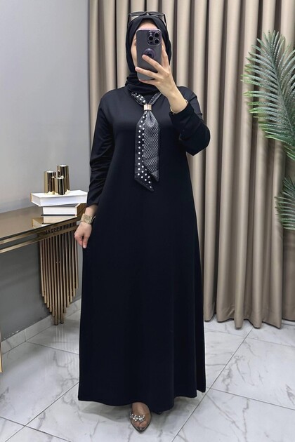 Rumeysa Dress Black Women Belisi Cotton Fabric with Scarf