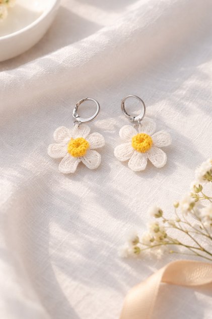 Women's Steel Earrings - Hooked Knitted Embroidery Handcrafted Daisy Model Earrings
