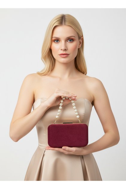 Burgundy Gold Luxury Suede Pearl Handle Women Evening Dress Bag Wedding Engagement Graduation
