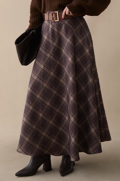 Belted Plaid Patterned Bitter Brown Skirt