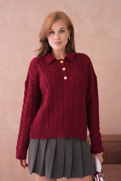 Women's Polo Button Detail Cable Knit Sweater 8530Sw