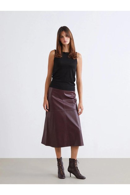 A-Line Leather-Look Skirt with Zipper at Waist (W5)