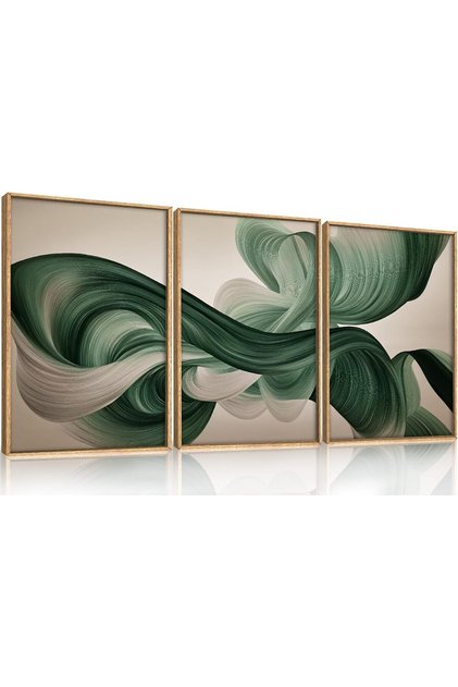 ALAYRA Green Lines Flowing Texture to Wall Art 3-Piece Wooden Frame 60x80 cm
