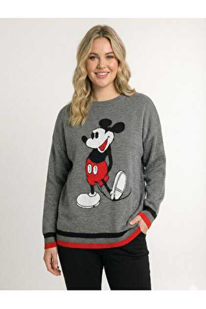 miki LC Waikiki XSIDE Gri Mickey Mouse Nakışlı Kadın Kalın Sweatshirt