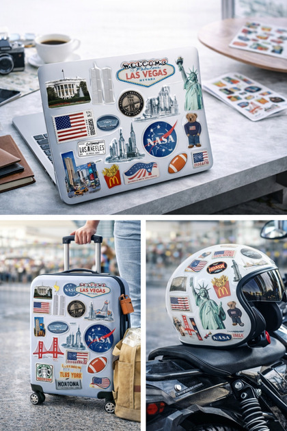 American Themed Sticker Set – 22X30 cm | New York, Las Vegas, Nasa, Travel Sticker