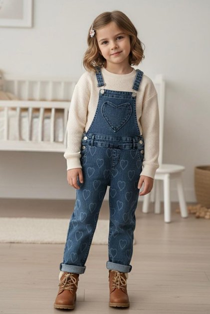 MiniÄŸimin Cicileri Heart Printed Pocket Girls' Denim Salopet - Blue