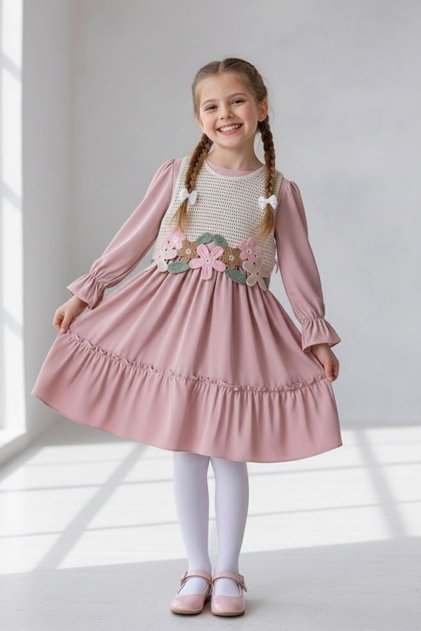 Miniğimin Cicileri Flower Appliqué Long-Sleeve Girls' Dress - Dusty Rose