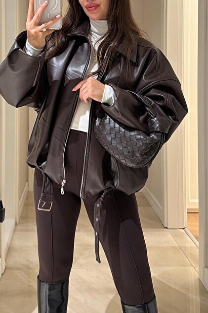 Jaglion Luvren Bitter Brown Trend Oversized Bomber Belted Leather