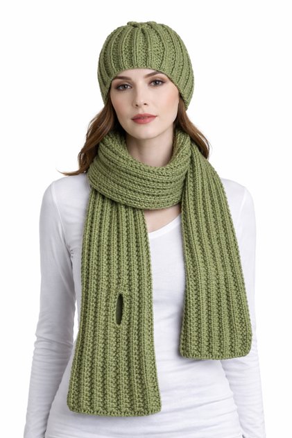 - Emine 9106 5465 Hand Knitted Beanie and Scarf Set - Green