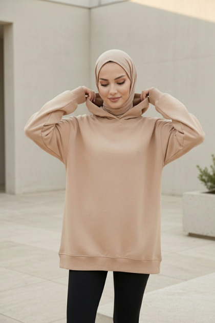Beige Cotton Hooded 2 Thread Sweatshirt