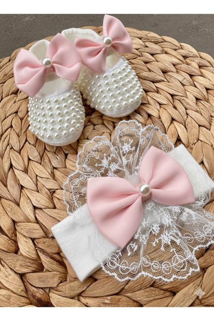 Kız Bebek Fiyonk Detay Parlak Incili patik dantelli bandana set 10cm Hediyelik Patik Lüx Cırtcıtlı