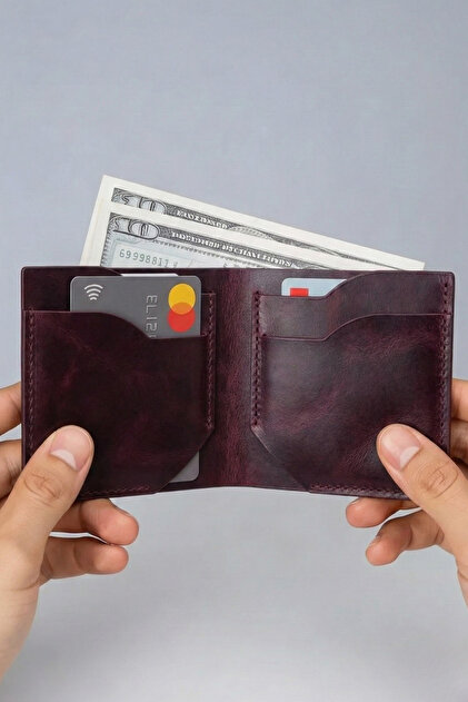 Portofel din piele naturală Suport card Portofel compact din piele naturală premium, cusături italiene, cu 6 compartimente pentru carduri