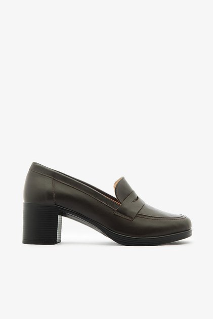 Brown Genuine Leather Thick Heeled Women's Loafer Shoes