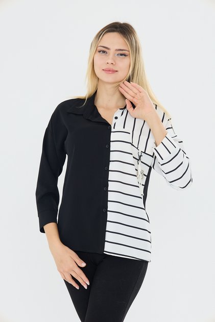 Shirt Collar Striped Accessory Detailed Buttoned Blouse