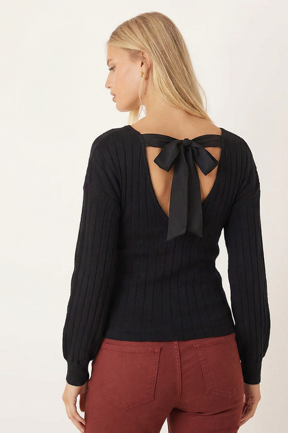 Women's Black Front Back V-Neck Tie Back Blouse Arm-26K001080