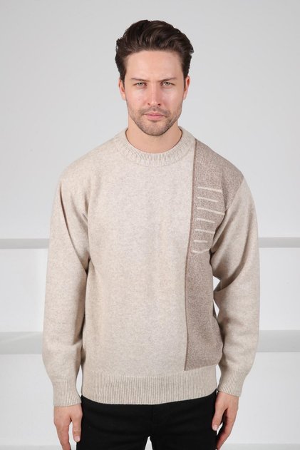 A.Beige Crew Neck Stripe Detailed 100% Lamb Wool Men's Knitwear Sweater