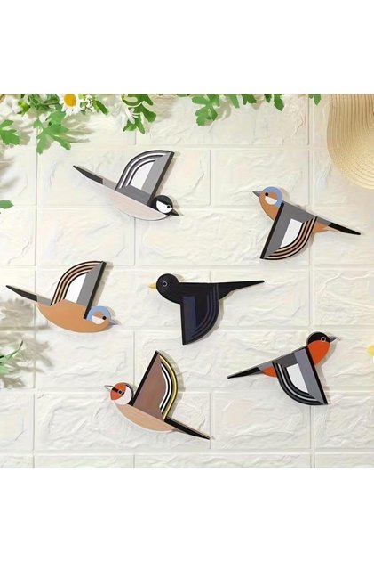 6 Parça Geometrik Desenli Kuşlar Dekoratif Duvar Tablo Dekor Süs