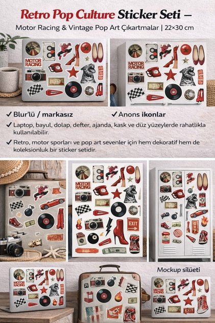 Retro Pop Culture Sticker Set – Motor Racing & Vintage Pop Art Stickers | 22×30 cm