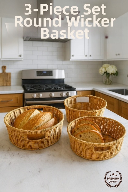 Set of 3 Round Wicker Baskets with Handles - Multi-Purpose Decorative Organizer