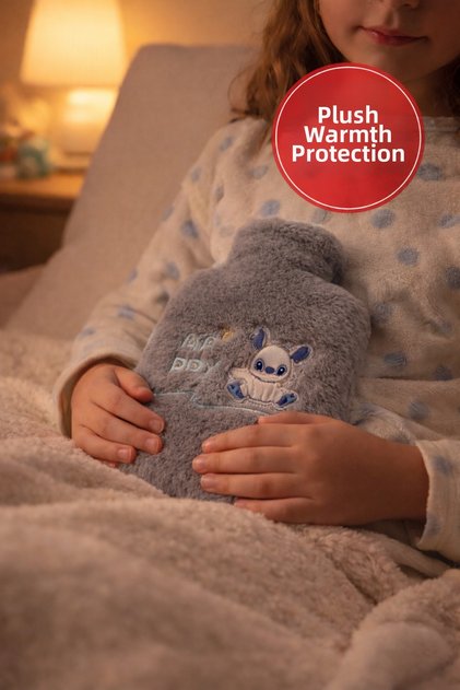 Plush Covered Hot Water Bag 500 ml Gray – Safe Heater for Children & Adults