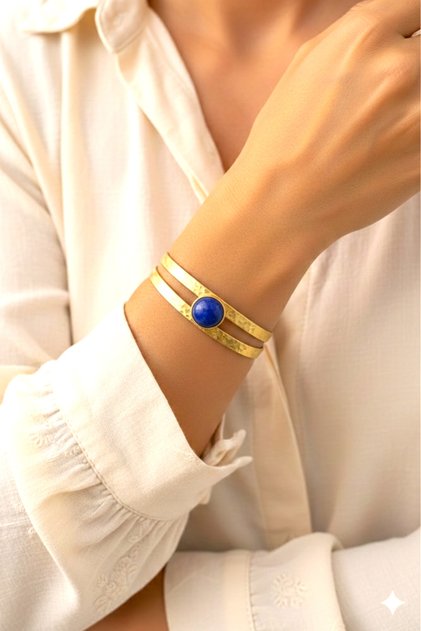 Handmade Pure Brass Natural Stone Cuff Bracelet Authentic Wide Bohemian Adjustable Cuff Bracelet