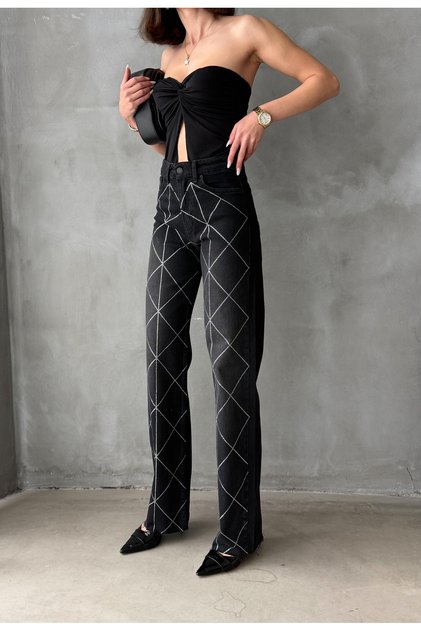 Women's Black Color Shiny Stone Special Design Jean Denim Pants
