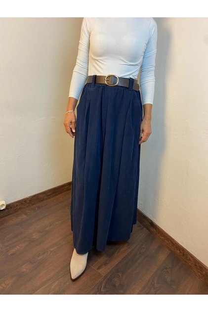 Italian Pleated Long Velvet Skirt with Belt Detail Italian Design