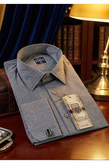 Smoked Gray Tona Ton Elegant Patterned Slim Fit French Double Cuff Shirt