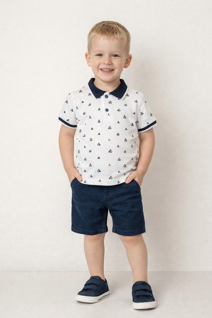 Tarz Lakos Sailing Patterned Adjustable Waist Short Sleeve Shorts 2-Piece Set Children's and Baby Clothing Öze