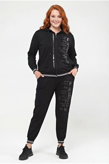 Women's Plus Size Black Tracksuit Set with Stone Lettering Embroidery